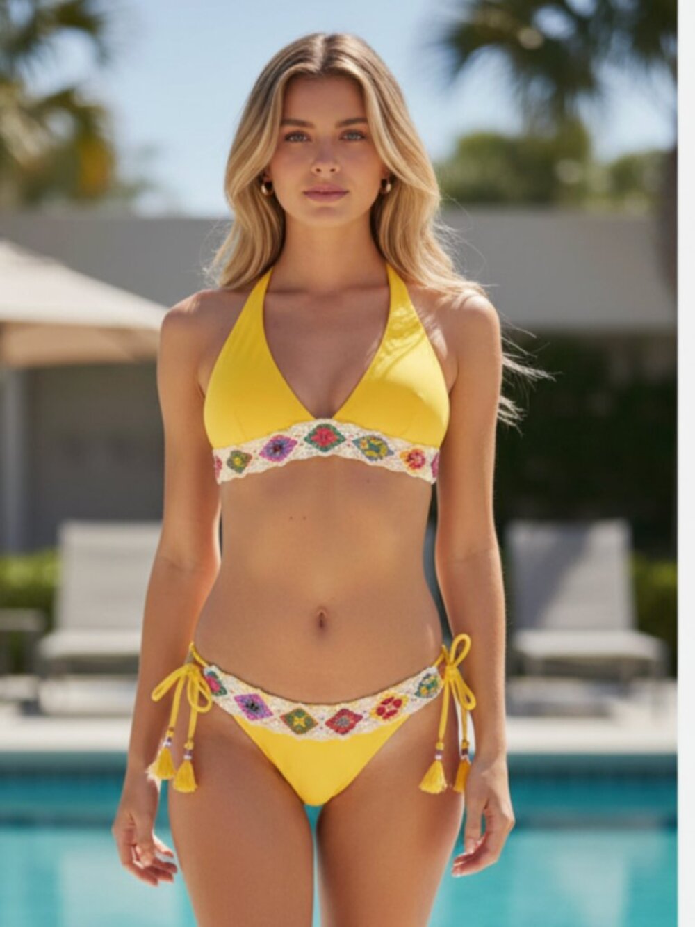 NWT $166 ISABELLA ROSE 1969 Halter Triangle Swim Top & Bottom 2pcs Set Yellow M